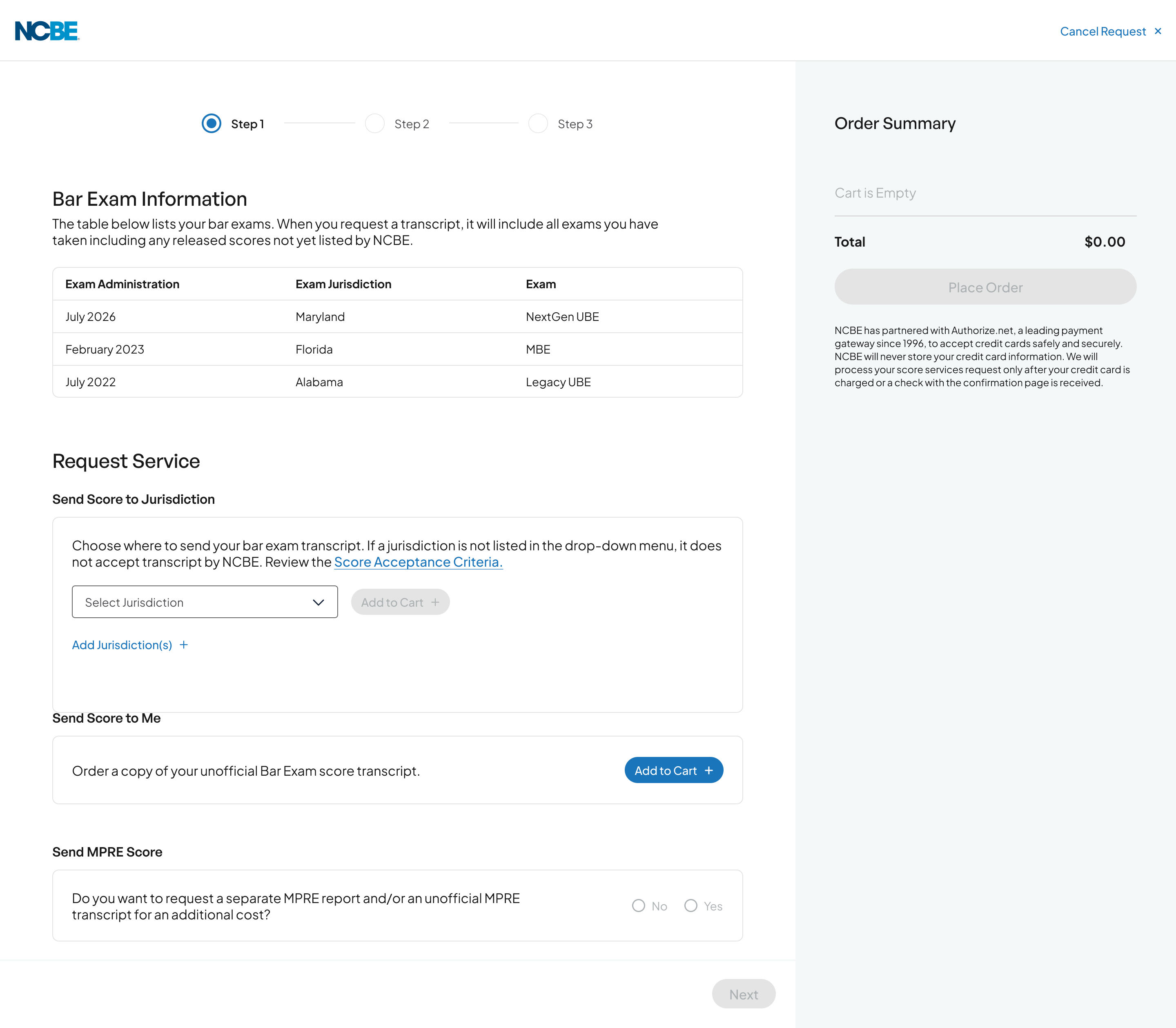 Bar Exam Transcript Checkout Page
